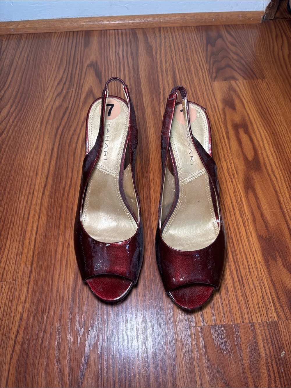 Tahari Burgundy Patent Peep-Toe Slingback Heels
